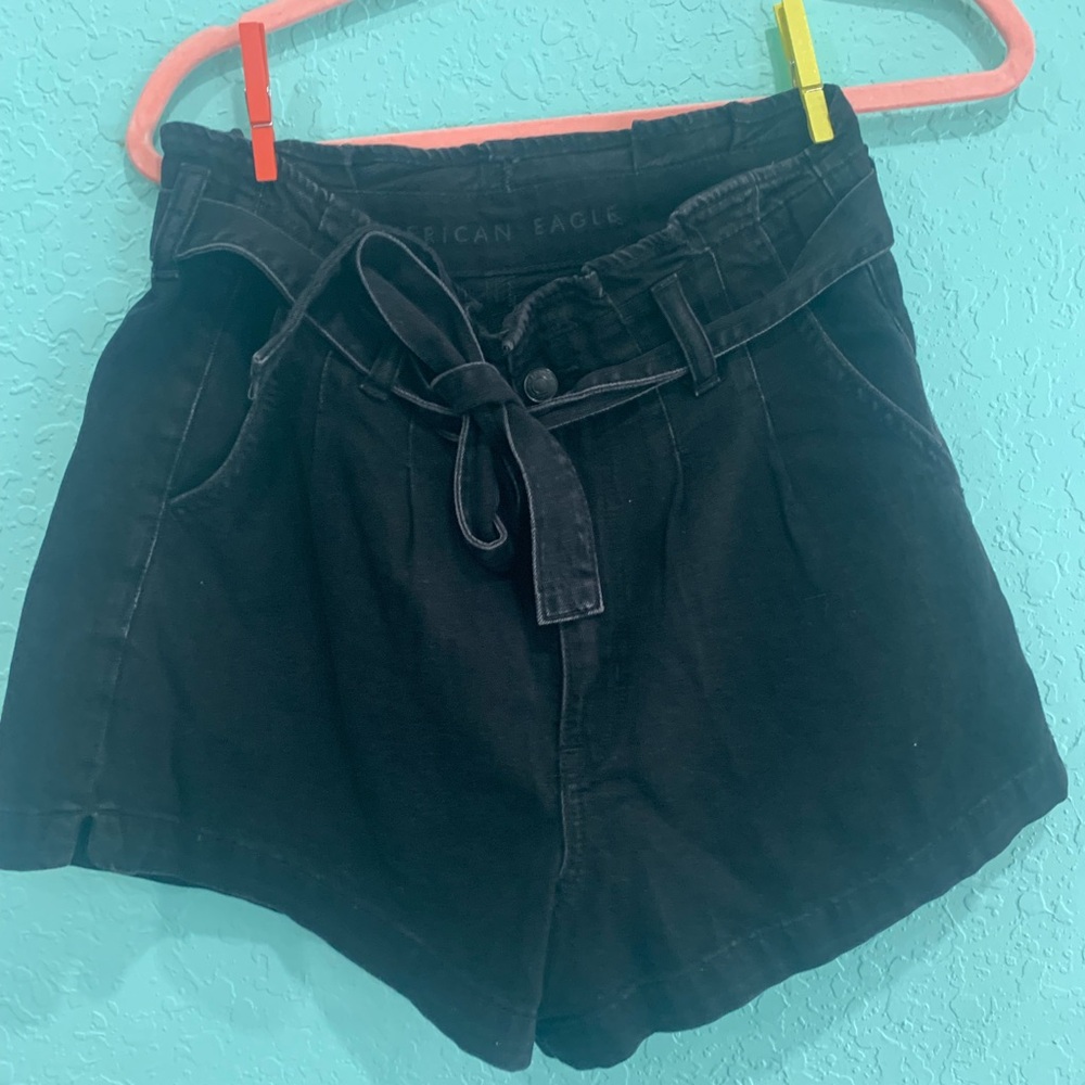 American Eagle Outfitters Black High-Waist Paperbag Tie mom Shorts 8 festival